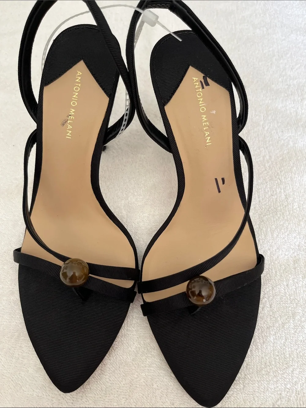 ANTONIO MELANI Black Strappy Slingback Heels with Decorative Bead